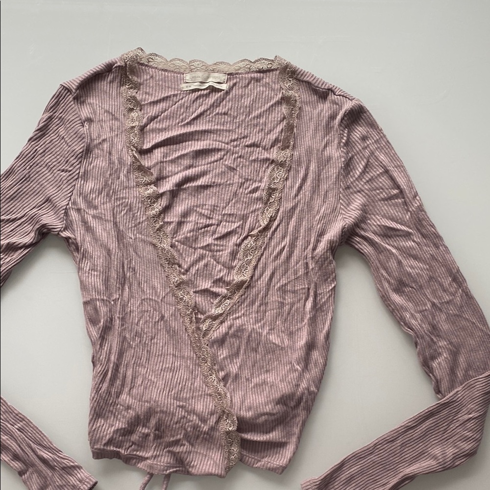 FP Mauve Ribbed Wrap Top with Lace Trim